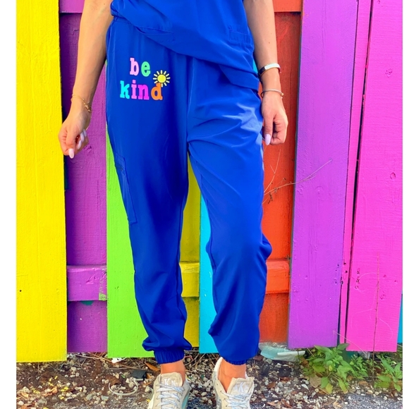 Sunshine Sisters Pants - Be Kind Blue Scrub Jogger Elastic Drawstring Pull On Pants Womens Size XL